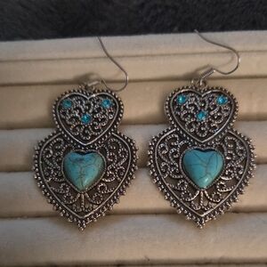 Turquoise 2" Heart Silver Filigree Earrings